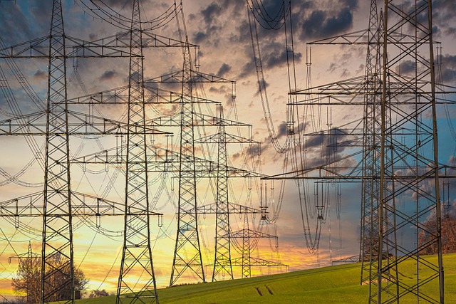 electricity, electricity pylons, nature, power lines, high voltage pylons, high voltage, high voltage line, electric cable, industry, energy, technology, electrics, sunset, multicoloured, clouds, power line, orange, yellow, blue